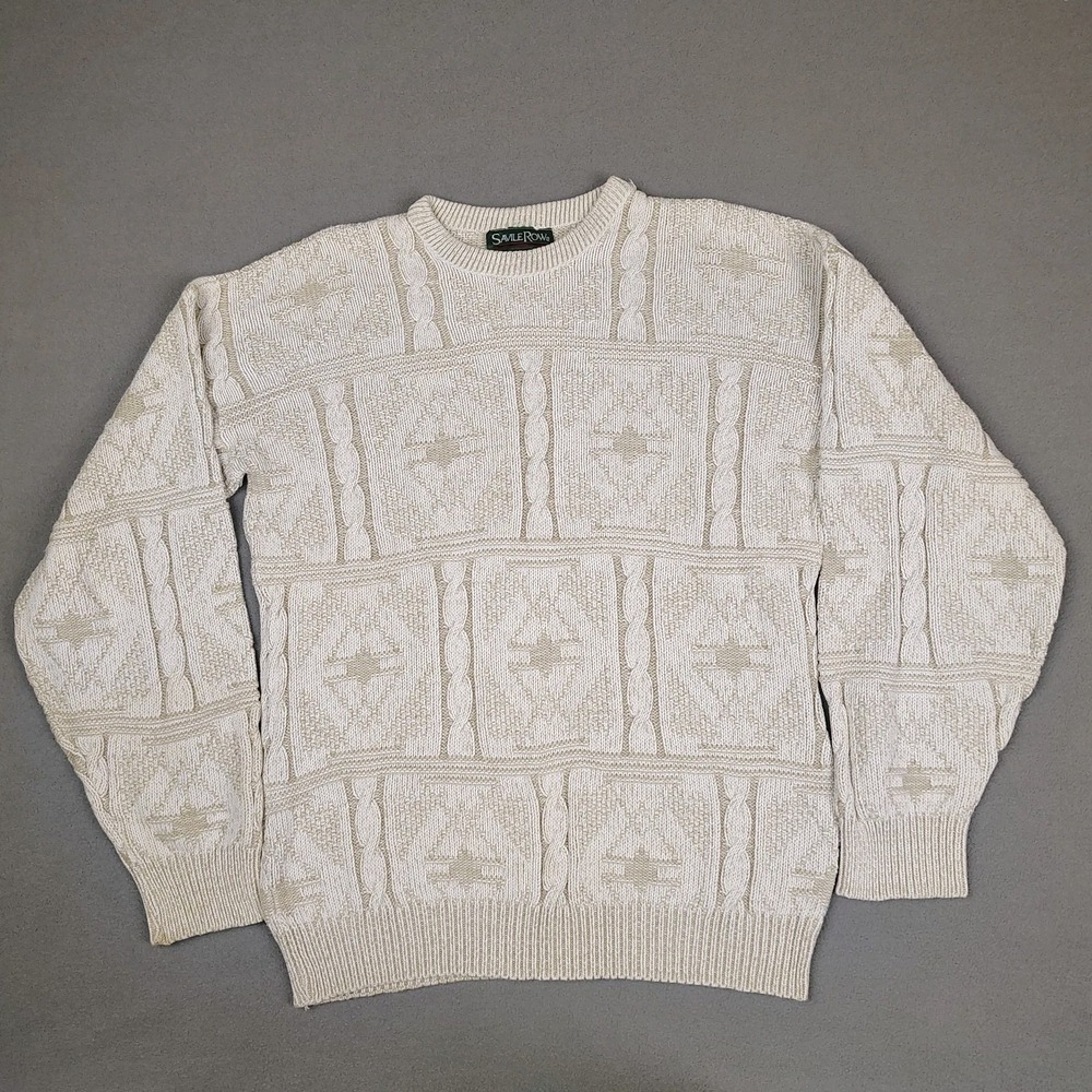 Vintage Savile Row Cable Knit‎ Fisherman Sweater Men Medium Cream Crewneck USA